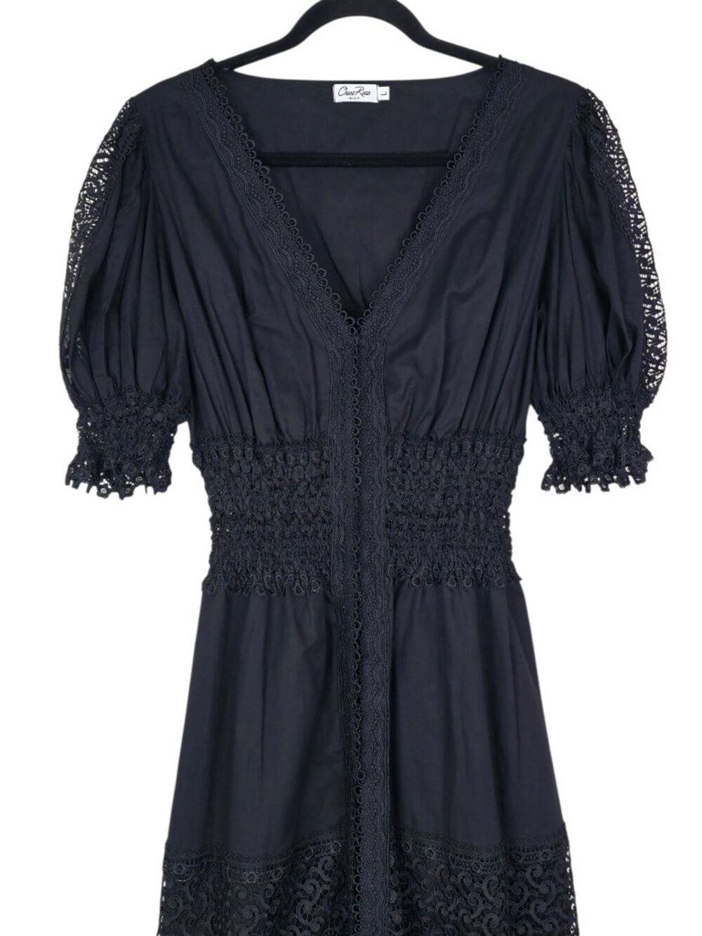 Charo Ruiz Clemence Dress Black V Neck Long Eyelet Puff Sleeve Maxi Size L - Picture 5 of 11